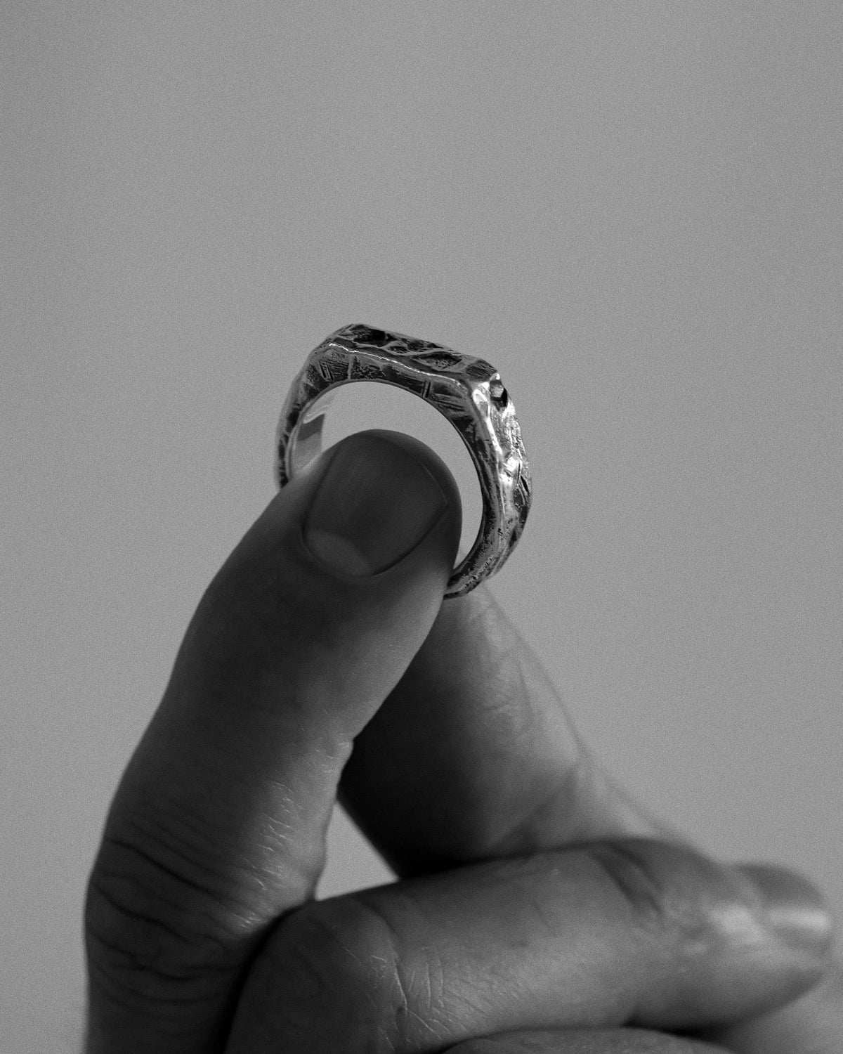 Close-up of the Cruz Ring handcrafted from solid 925 sterling silver.