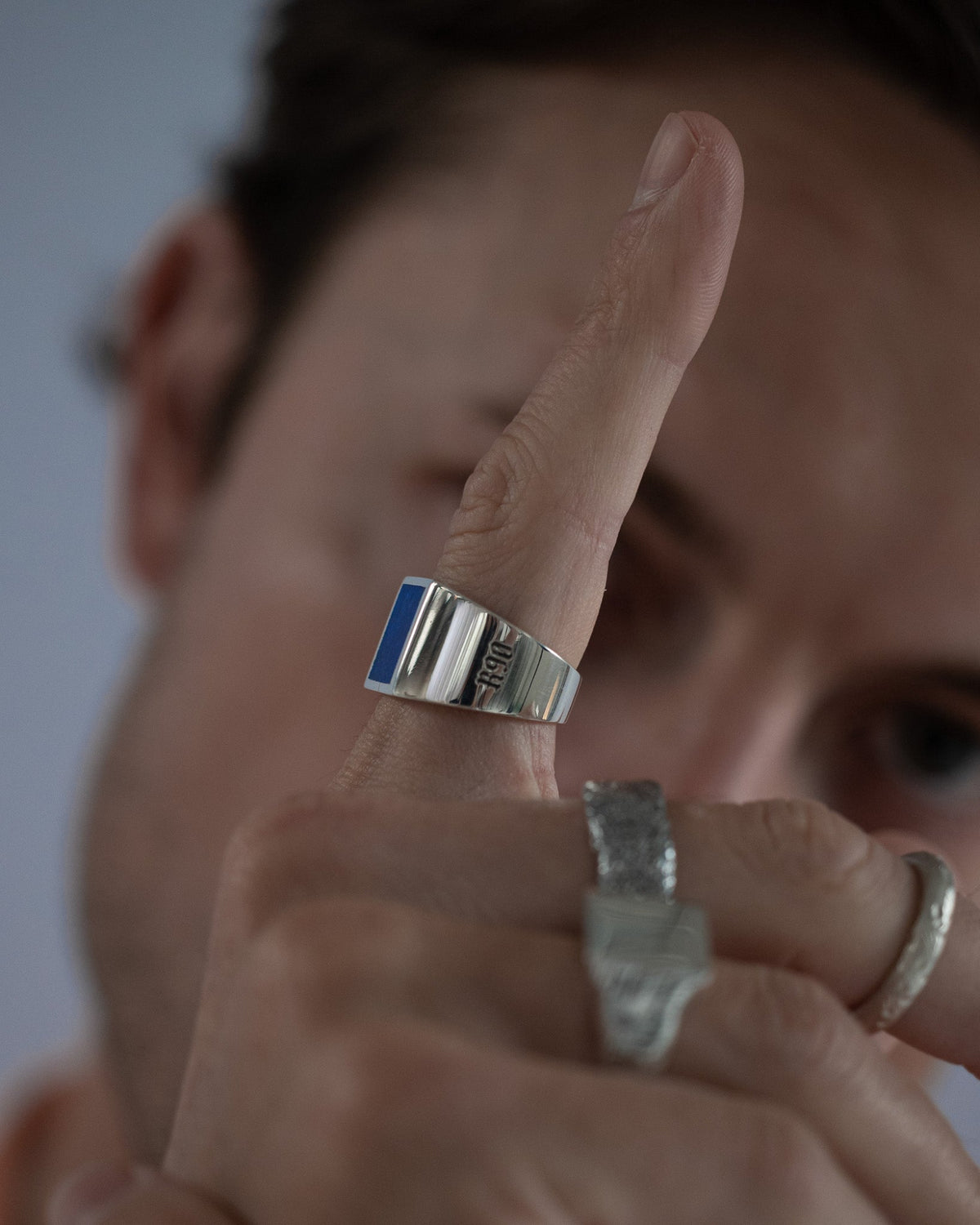 Model wearing the Lapis Ring handcrafted from solid 925 sterling silver featuring genuine lapis lazuli.