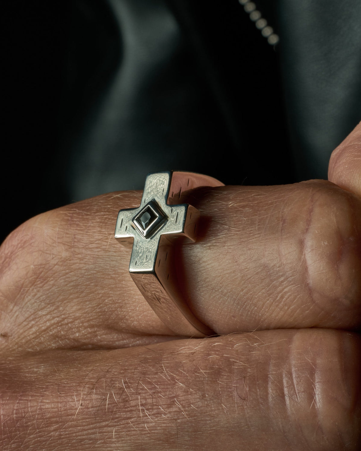 Close-up of the Raven Cross Ring featuring genuine black onyx set in solid 925 sterling silver.