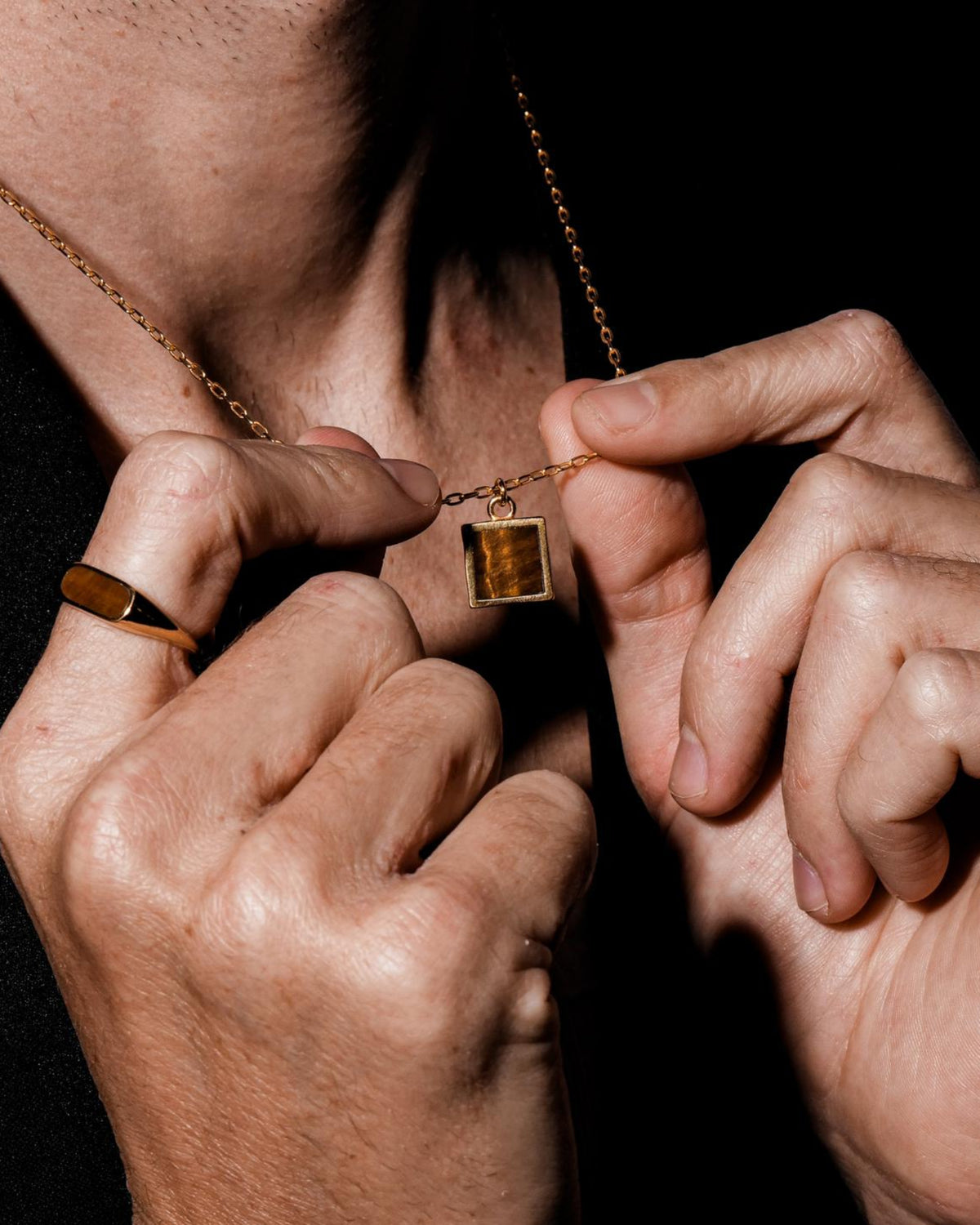 Close-up of the Tiger's Eye Pendant featuring genuine tiger's eye in a premium 18K gold vermeil setting.